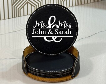 Personalized Custom Leatherette Coaster Set for Beer, Whiskey Glasses, Engraved Anniversary Gift, Rustic Home Bar Decor, Unique Party Favor