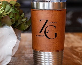 Vaso térmico personalizado: taza de viaje de acero inoxidable con grabado de cuero sintético