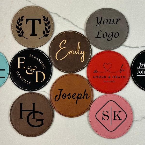 Personalized Coasters, Drink Coaster, Custom Coaster, Vegan Leatherette Leather Coasters, Initial Coasters Set, Six Leather Coasters Set