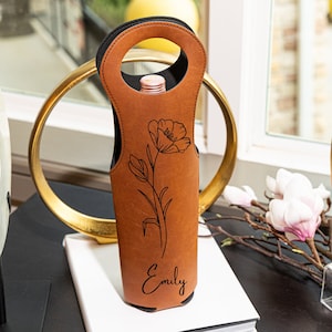 Bolsa de vino con flor de nacimiento, bolsa de vino personalizada, bolsa de vino grabada, bolsa de vino personalizada, bolsa de vino de cuero, inauguración de la casa, aniversario, baby shower