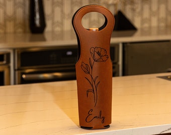 Personalisierte Geburtsblumen-Weintasche aus Kunstleder: Geschenk mit Gravur