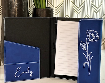 Portafolio de cuero personalizado con solapa, portafolios personalizado, portafolios con solapa lateral grabada, funda personalizada para bloc de notas, regalo para ella