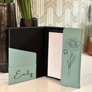 Personalized Portfolio with Refillable Notepad, Custom Engraved Portfolio, Graduation Gift, Personalized Business Gifts, Birth Month Flower