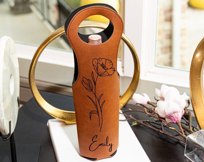 Personalized Birth Flower Wine Bag: Engraved Faux Leather Gift