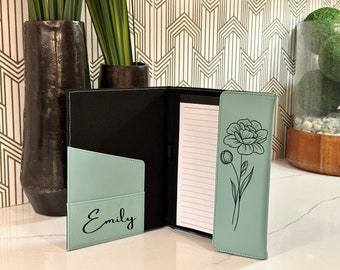 Portfolio personnalisé avec bloc-notes rechargeable, portfolio personnalisé gravé, cadeau de remise des diplômes, cadeaux d'affaires personnalisés, fleur du mois de naissance