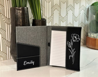 Personalized Portfolio with Refillable Notepad, Custom Engraved Portfolio, Graduation Gift, Personalized Business Gifts, Birth Month Flower