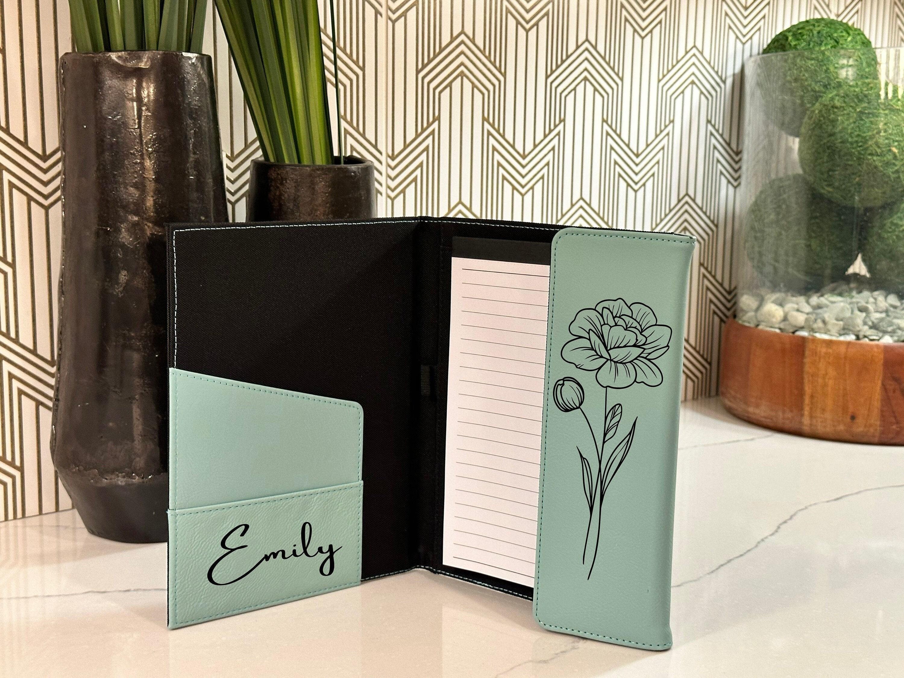 Personalized Portfolio with Refillable Notepad, Custom Engraved Portfolio, Graduation Gift, Personalized Business Gifts, Birth Month Flower