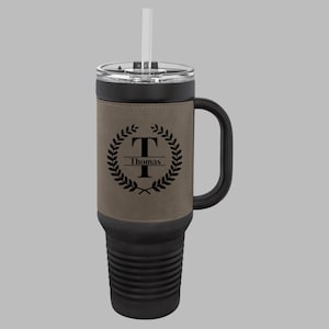 40 oz Leatherette Stainless Steel Tumbler with Handle & Straw, Personalized Engraved Travel Mug, Custom Leather Tumbler for Hot Cold Drinks
