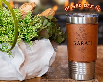 Personalized Vegan Leather Birth Flower Tumbler: 20oz Insulated Travel Mug