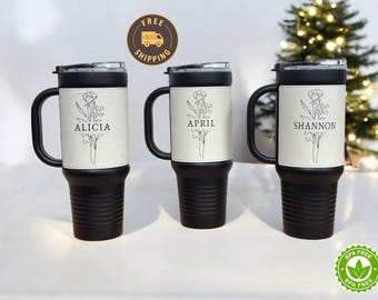 Vaso de viaje de cuero personalizado: grabado floral de 40 oz