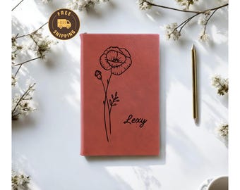 Diario de cuero vegano personalizado: Cuaderno de flores de nacimiento personalizado