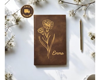 Personalized Vegan Leather Journal: Custom Birth Flower Notebook