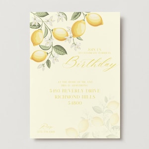 Invitación editable para fiesta temática de limón, diseño personalizado, divertido y brillante, digital o imprimible, para celebrar cumpleaños con temática cítrica de primavera.