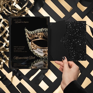Bearbeitbare Maskenballeinladung - Black Tie Maskenparty-Vorlage für formelle Gala, mysteriöse Veranstaltung oder Themenfeier
