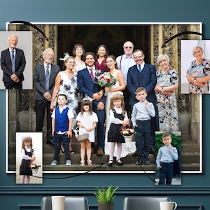 Peut inclure: Une photographie encadrée d'une fête de mariage, avec les mariés au centre, entourés de leur famille et de leurs amis. L'image comprend de petites photos encastrées d'individus. Le cadre semble être en extérieur.