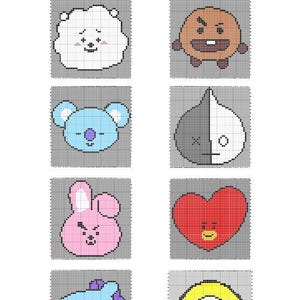 May include: Image featuring eight colorful washcloth patterns with cartoon character designs. The text "Beautiful 21 Washcloth Patterns" is at the top. Each pattern is a different character, including a cloud, a koala, and a heart.