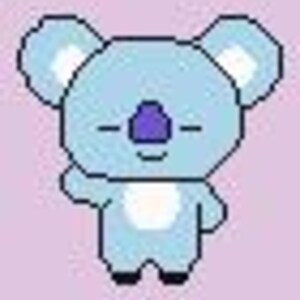 May include: A light blue koala with a purple nose and white belly, waving with its right paw.