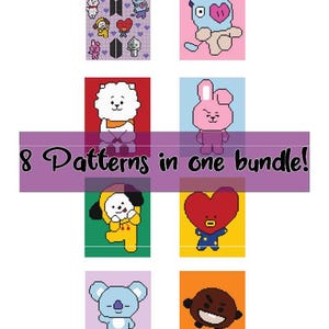 May include: Eight different pixel art patterns featuring characters from the popular K-pop group BTS. Each pattern is displayed on a separate square tile with a solid background color. The tiles are arranged in a grid of four rows and two columns. The characters include a bear, a bunny, a dog, a koala, and a heart.