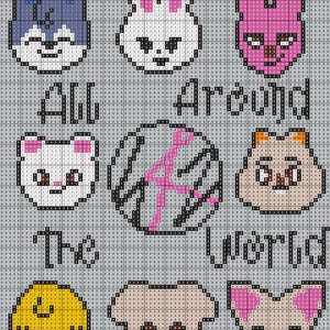 May include: Cross-stitch pattern featuring various cartoon animal faces, including a bunny, a cat, a dog, and a bird. The pattern also includes the text "All Around The World".