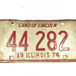 Vintage 1974 Red On Cream/White Illinois License Plate - 12&quot; x 6&quot; - uncleaned - Land Of Lincoln - Plate # 44 282