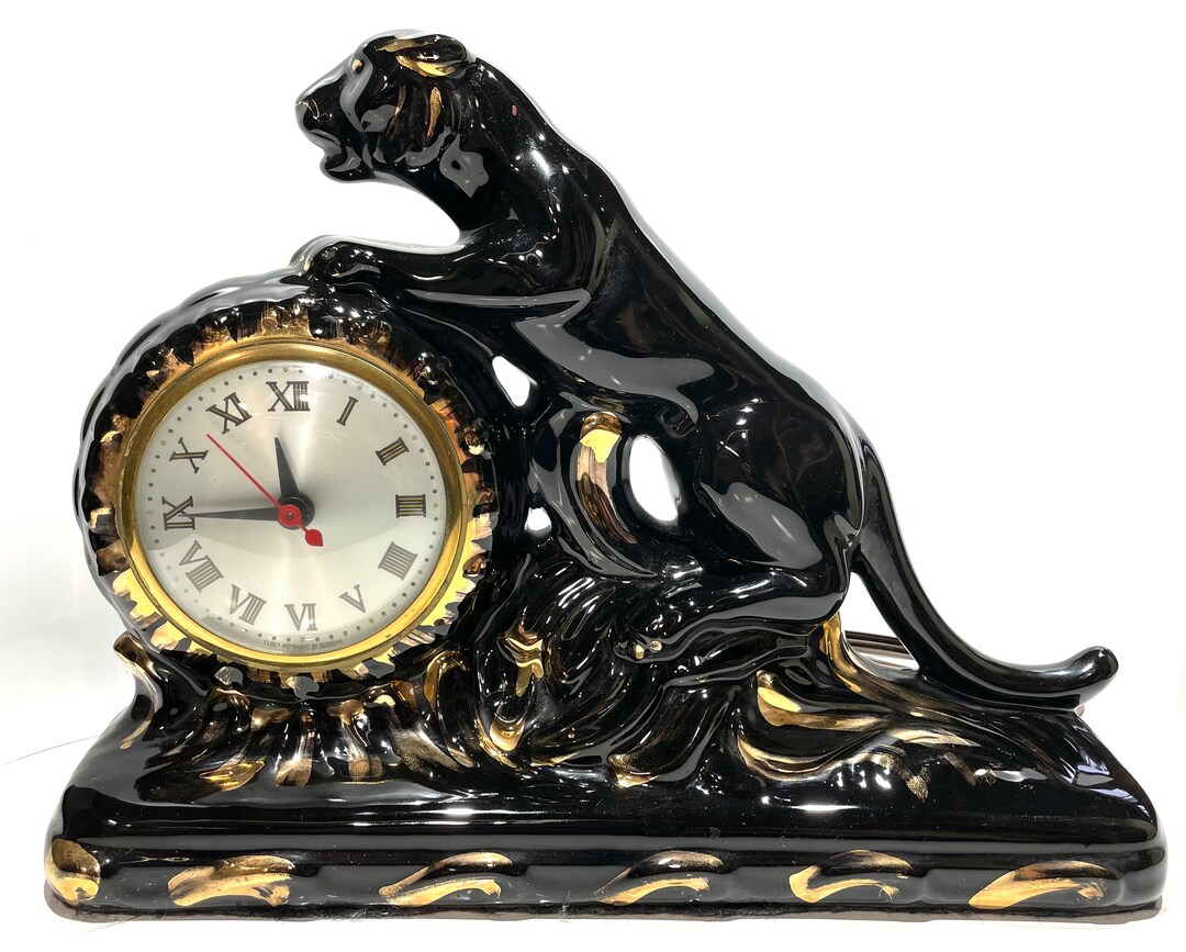 Vintage Black Panther Clock With Gold Accents by Oxford Spinning Co