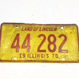 Vintage 1970 Red On Yellow Illinois License Plate - 12&quot; x 6&quot; - uncleaned - Land Of Lincoln - Plate # 44 282