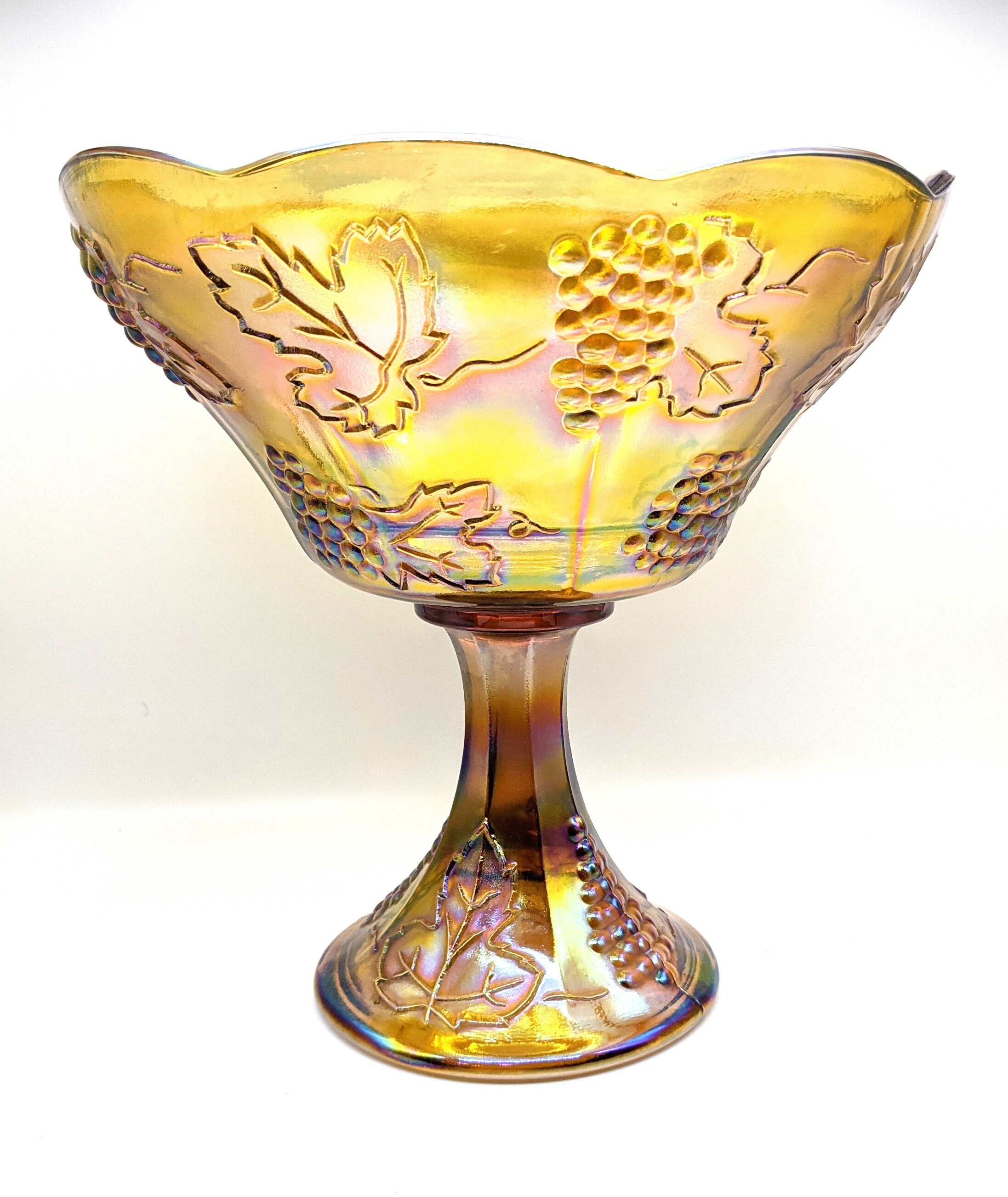 Indiana Carnival Glass Amber Pedestal Fruit Bowl in Gold Harvest Design Harvest Wedding Bowl Gold Harvest Carnival Glass