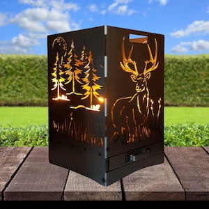 Feuerkorb Hirsch mit Ascheschublade 40x40x60 cm sehr stabil Feuertonne Feuerstelle Jagd Wald Wild