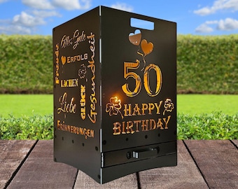 Feuerkorb Geburtstag 50 mit Ascheschublade 40x40x60 cm sehr stabil Feuertonne Jubiläum Feuerstelle individuell personalisierbar