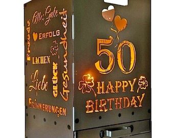 Feuerkorb Geburtstag 50 mit Ascheschublade 40x40x60 cm sehr stabil Feuertonne Jubiläum Feuerstelle individuell personalisierbar