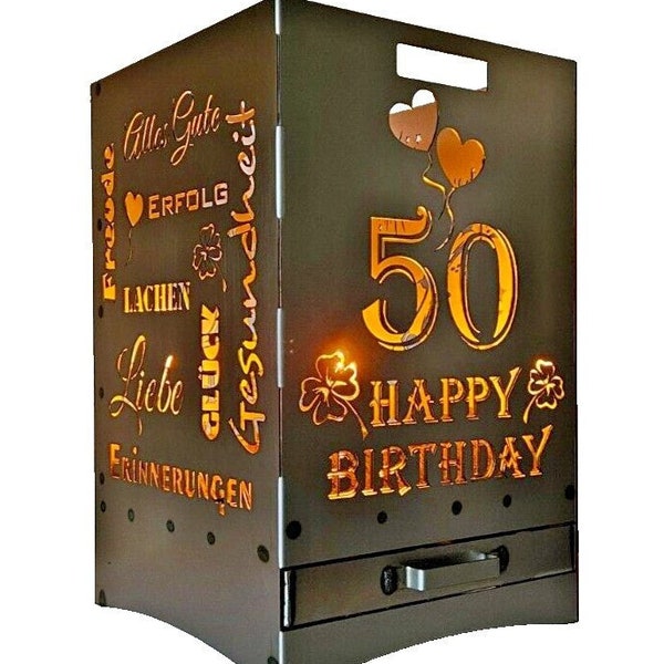 Feuerkorb Geburtstag 50 mit Ascheschublade 40x40x60 cm sehr stabil Feuertonne Jubiläum Feuerstelle individuell personalisierbar