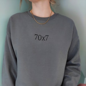 70 x 7 Embroidered Crewneck Sweatshirt | Matthew 18:21-22 Christian Sweatshirt Apparel Gray Black Graphic