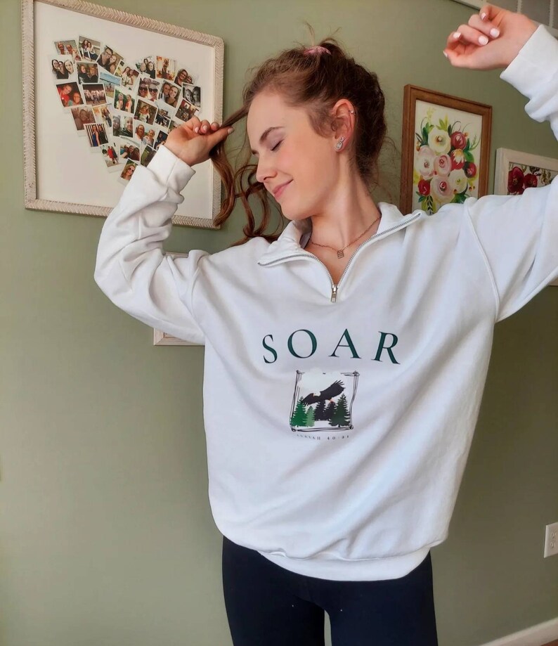 SOAR Quarter Zip Pullover Sweatshirt Isaiah 4031 Christian Apparel White Forest Green Nature