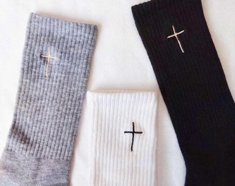 Cross Embroidered Crew Socks | Comfy Christian Accessories Stocking Stuffer Vibes Athletic