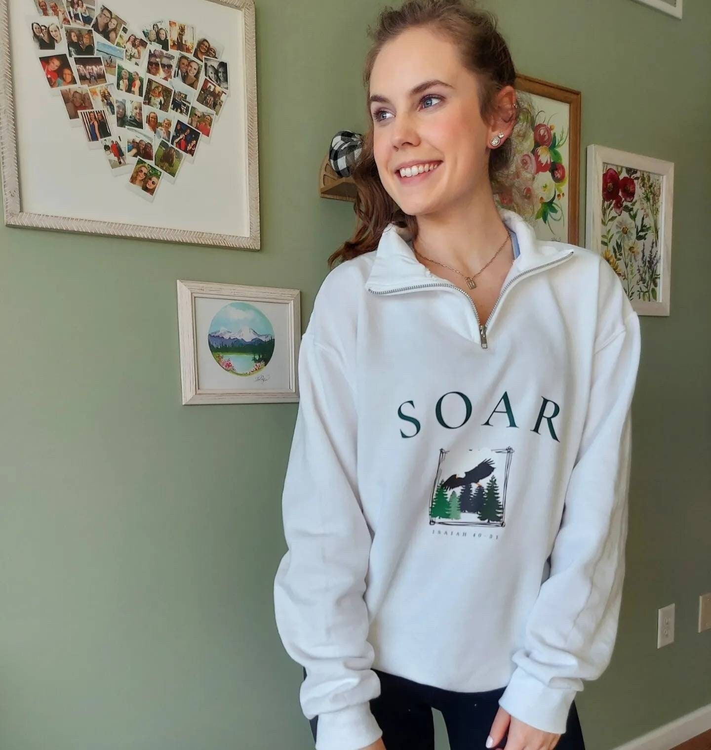 SOAR Quarter Zip Pullover Sweatshirt Isaiah 4031 Christian Apparel White Forest Green Nature