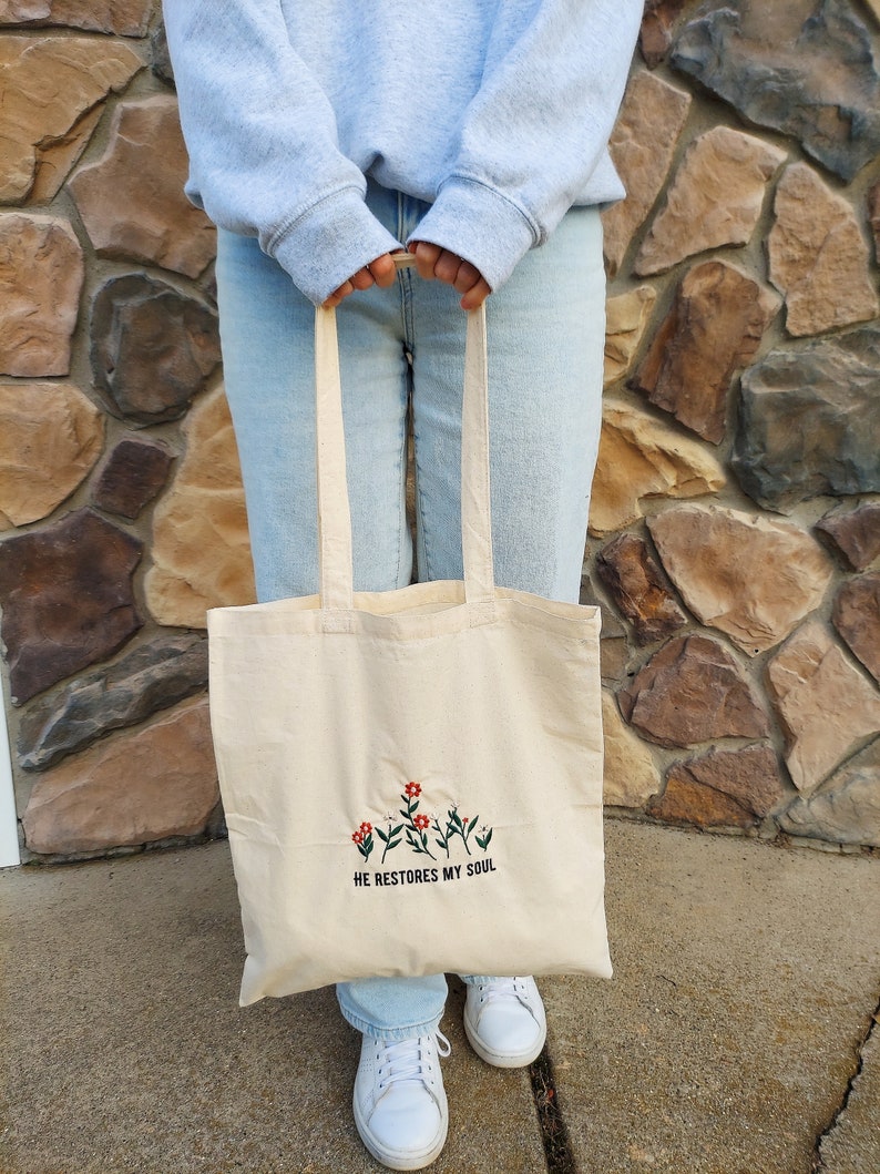 He Restores My Soul Embroidered Canvas Tote Floral Christian Bible Book Club Bag Minimal Aesthetic Neutral Grandma Chic Cottage Core image 3