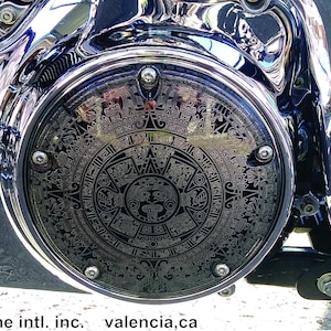 Harley Davidson CHROME Custom Made Derby Cover (Twin Cam & Touring, Milwaukee 8 Models) - Aztec Calendar Chrome