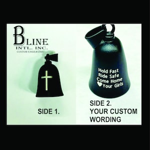 Biker bell, guard bell, gremlin bell, Holy Cross custom with wording, stainless steel