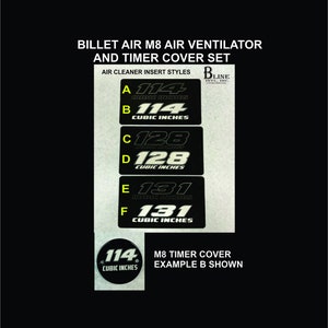 May include: A set of six black and white air cleaner inserts for a motorcycle. The inserts are labeled with the letters A through F and the cubic inches of each insert. The inserts are for a motorcycle with an M8 timer cover. The example shown is for insert B, which is 114 cubic inches.