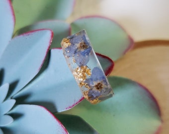 Forget Me Not Ring, Mothers Day Gift, Floral Band With Light Blue Flowers and Gold/Silver Flakes, Resin Jewelry, Ring with Tiny Flowers