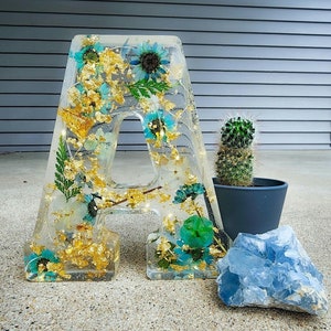 Lettre en résine de fleurs pressées, lettres lumineuses autoportantes pour étagère, grandes lettres personnalisées de 6 po., cadeau pour elle, cadeau pour la fête des mères