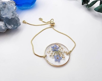 Dried Flower Bracelet Bridesmaid Jewelry Wedding Jewelry Forget Me Not Jewelry Flower Bracelet for Women Handmade Jewelry Gift for Her