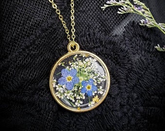 Forget Me Not Necklace, Pressed Flower Jewelry, Unique Gift for her, Handmade Gold Necklace, Botanical Necklace, Gold Necklace, Grief Gift