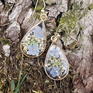 Flower Earrings, Forget-Me-Not and Queen Anne's Lace Pressed Dried Wildflower Jewelry, Mothers Day Gift, Spring Jewelry, Unique Earrings