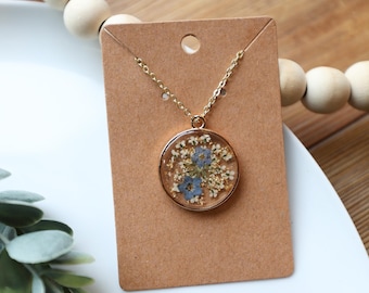 Forget Me Not Necklace, Necklaces for Women, Pressed Flower Jewelry, Unique Gift for her, Handmade Gold Necklace, Botanical Necklace