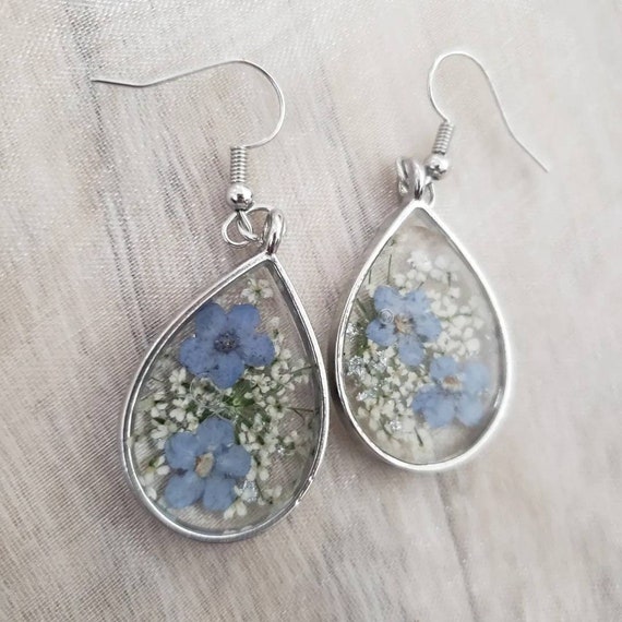 Forget Me Not Flower Earrings Dangle Drop Earrings Real Pressed Flower Earrings Handmade Floral Earrings for Women Gift for Mom Mothers Day