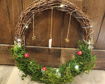 Mushroom Wreath Fairycore Home Decor Cottagecore Wall Art Moss Wreath Goblincore  Mossy Mushroom Grapevine Wreath with gold and crystals