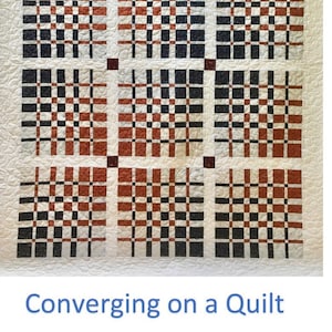 Può includere: Una trapunta con un motivo convergente di quadrati neri, bianchi e marroni. La trapunta è composta da nove quadrati, ognuno con un motivo diverso. La trapunta si chiama "Converging on a Quilt".