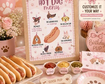 Könnte beinhalten: Ein gerahmtes Hot-Dog-Menü-Schild mit Illustrationen von Hunden in Partyhüten, das Textoptionen wie The Mutt, The Wiener Dog, The Yellow Lab, The Basset Hound, The Chihuahua, The Bull Terrier und The Doodle mit verschiedenen Belägen zeigt.