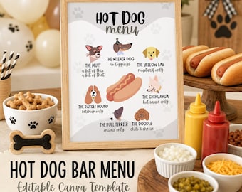 Könnte beinhalten: Ein gerahmtes Schild mit der Überschrift HOT DOG menu, das Illustrationen verschiedener Hunderassen zusammen mit Vorschlägen für Hot-Dog-Beläge zeigt. Das Schild enthält Text für The Mutt, The Wiener Dog, The Yellow Lab, The Basset Hound, The Chihuahua, The Bull Terrier und The Doodle.